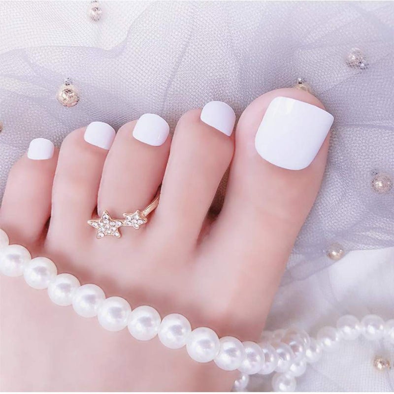 Sethexy Solid Color Glossy False Toe Nails Bright Fashion Square Short Full Cover 24PCS Fake ToeNails for Women and Girls(White) - Image 1